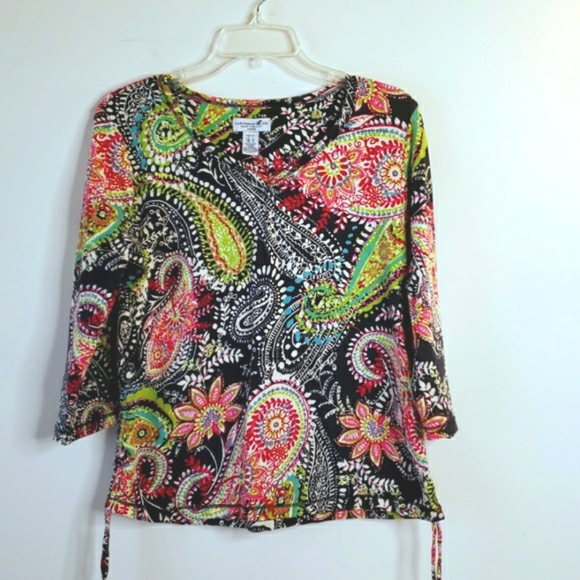 new CARIBBEAN JOE top Paisley Stretch PETITE LARGE 12 14 Tropical Navy Blue - Picture 3 of 8